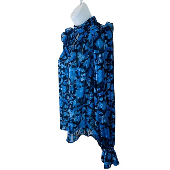 French Connection Women's Size 0 Cynthia High Neck Floral Ruffle Blue Blouse - Picture 3 of 8